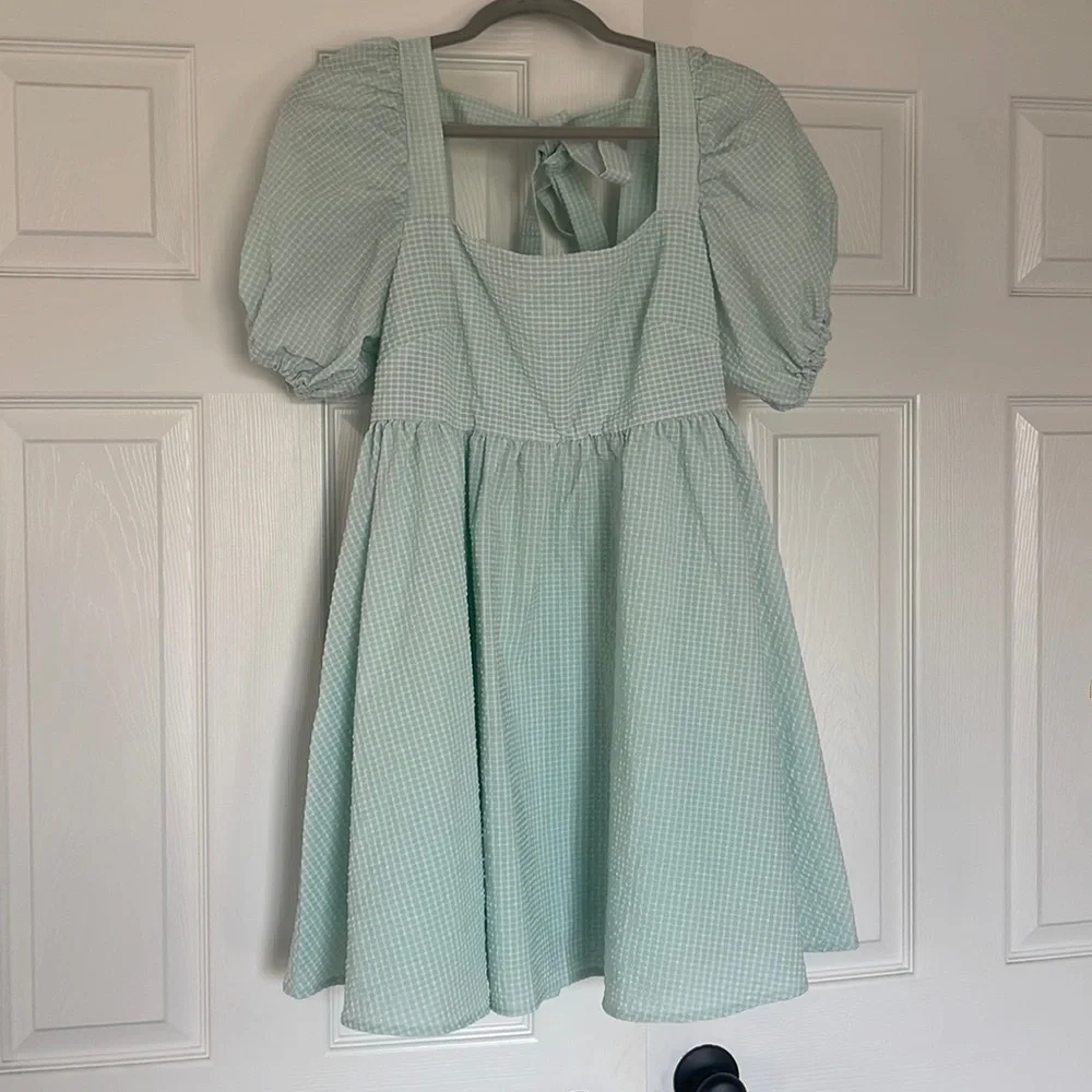 Square Neck Puff Sleeve Mini Dress in Light Mint - Picture 4 of 4